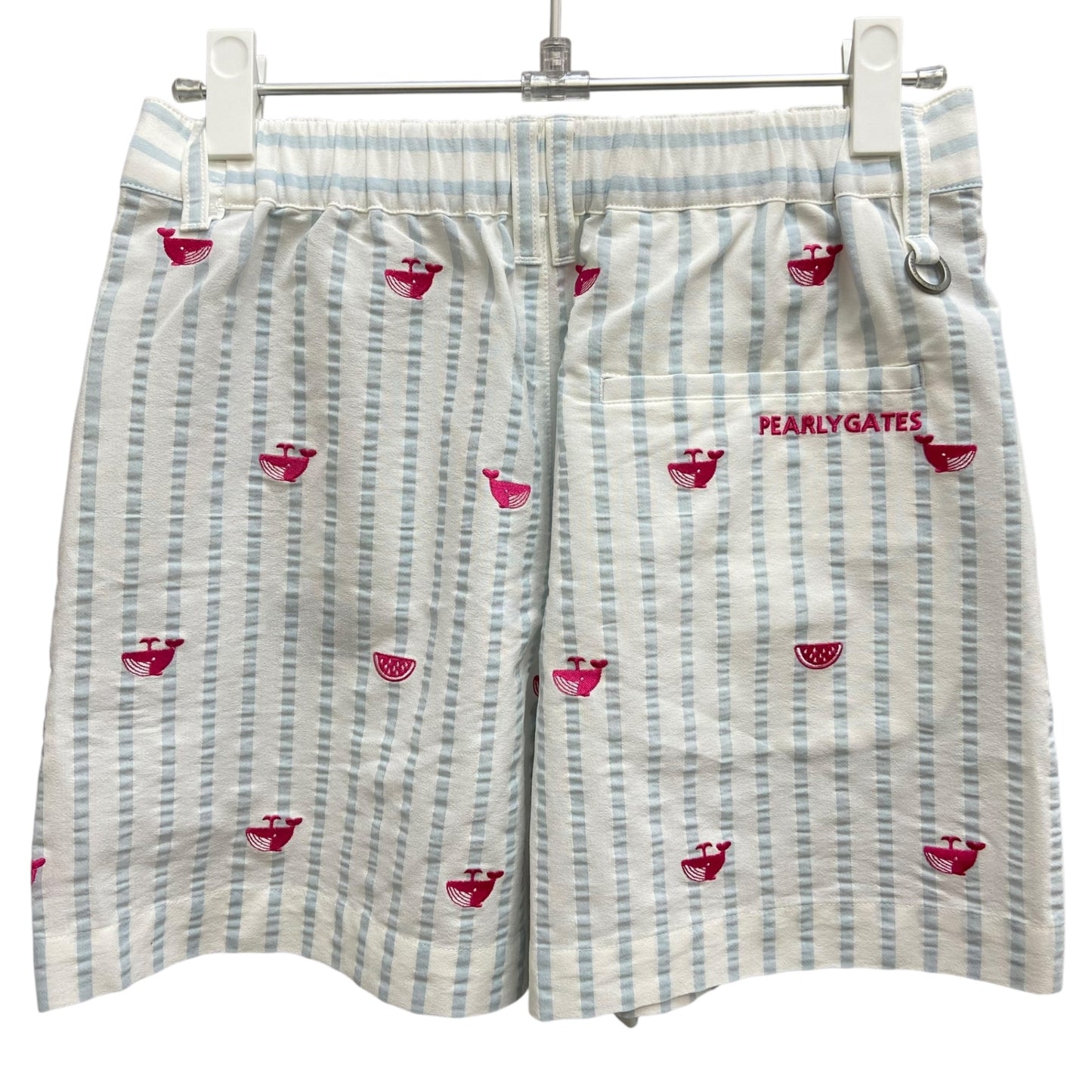 タグ付き未使用品　パーリーゲイツ　レディースゴルフアパレル　ショートパンツ　サイズ0　ストライプ　くじらロゴ　ズボン　女性用　ウェア　PEARLY GATES