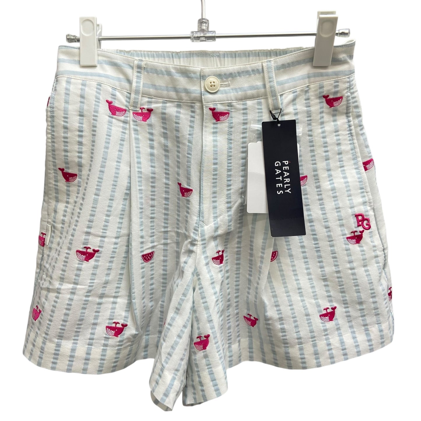 タグ付き未使用品　パーリーゲイツ　レディースゴルフアパレル　ショートパンツ　サイズ0　ストライプ　くじらロゴ　ズボン　女性用　ウェア　PEARLY GATES