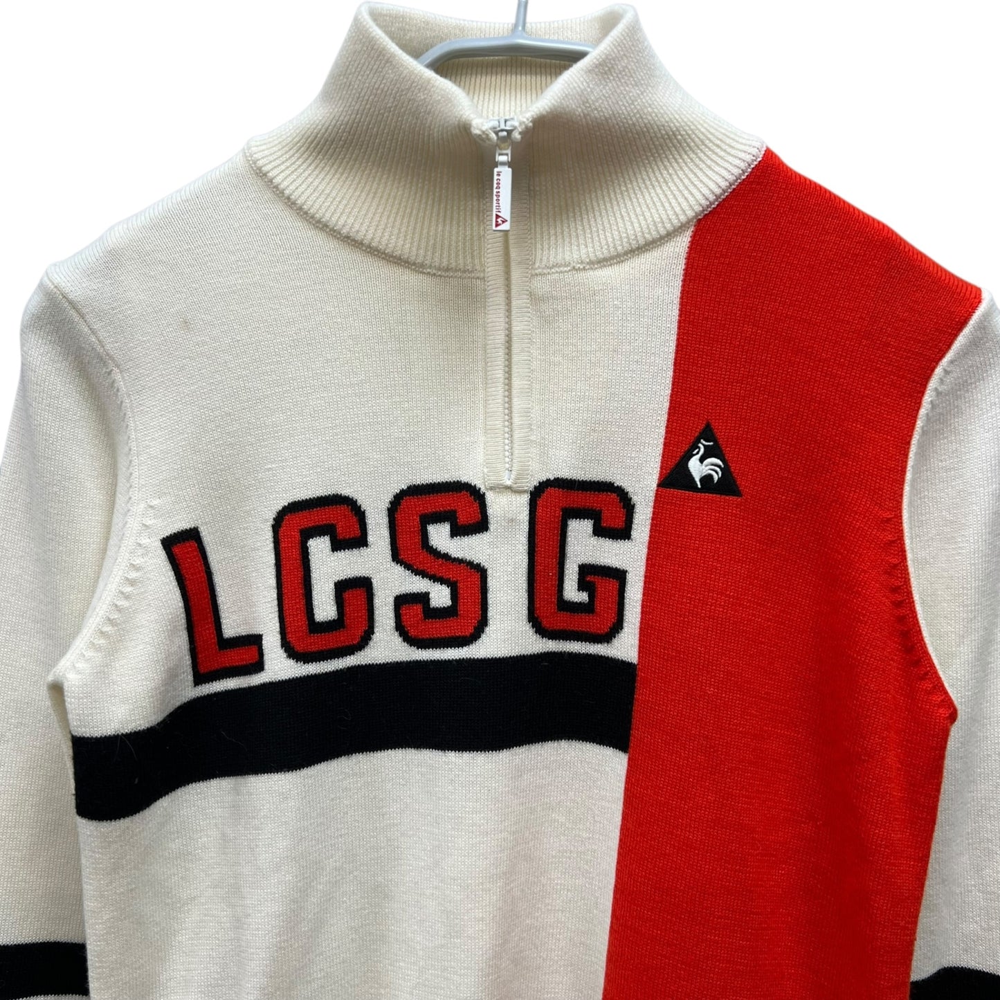 ルコックスポルティフ　メンズゴルフウェア　ハーフジップセーター　S　ホワイト　白　オレンジレッド　LE COQ SPORTIF