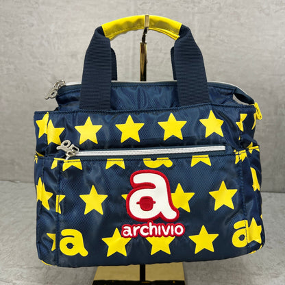 ARCHIVIO　アルチビオ　ゴルフラウンドバッグ　カートバッグ　aロゴワッペン　イエロースター総柄　ネイビーカラーベース　小物入れ
