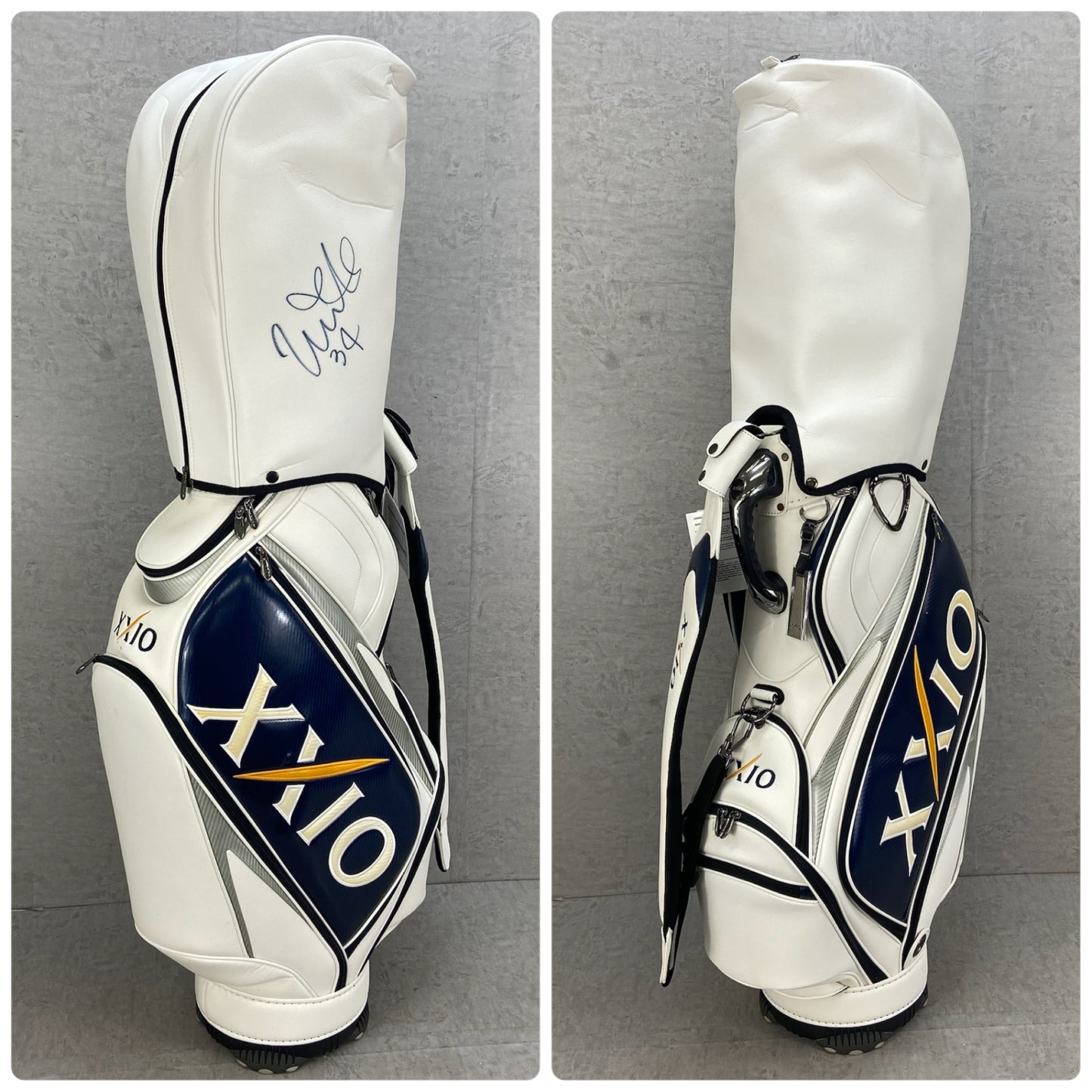 古閑美保直筆サイン入り　ゼクシオ　ゴルフ用品　カート式　キャディバッグ　約9型　PUレザー　エナメル　XXIO