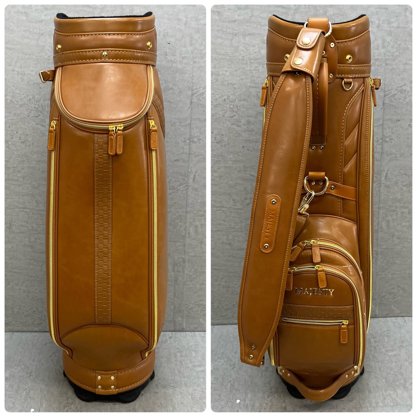 マジェスティ　ゴルフ　キャディバッグ　カート式　約9.5型　キャメル　合成皮革　MAJESTY
