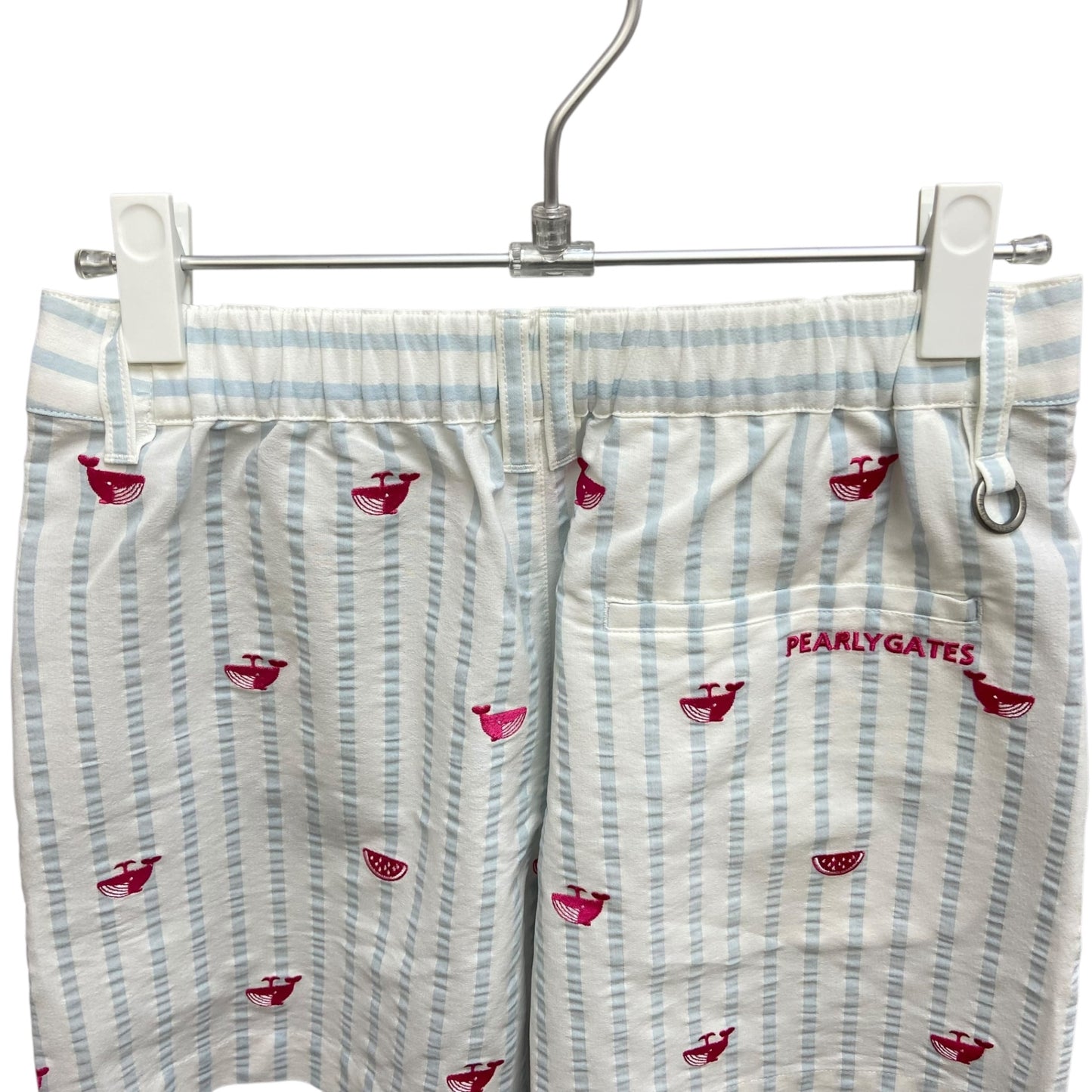 タグ付き未使用品　パーリーゲイツ　レディースゴルフアパレル　ショートパンツ　サイズ0　ストライプ　くじらロゴ　ズボン　女性用　ウェア　PEARLY GATES