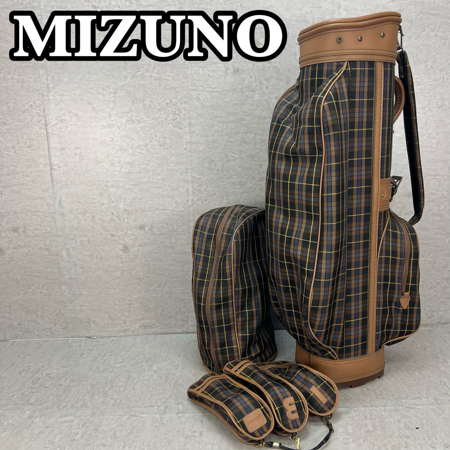 ミズノ　ゴルフ　キャディバッグ　ヘッドカバー　カート式　約８型　チェック柄　Mizuno