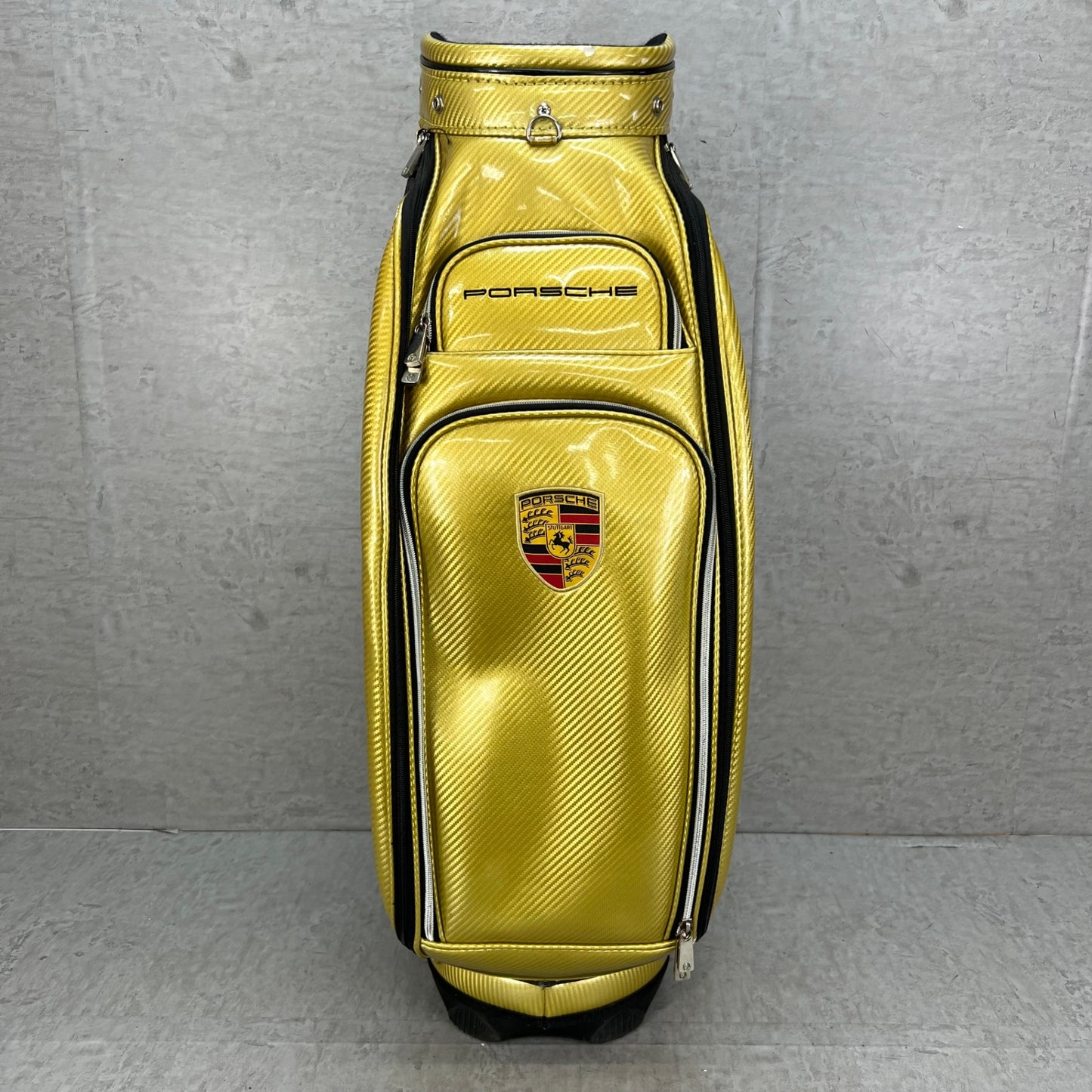 ポルシェ　ゴルフ　カート式キャディバッグ　約9.5型　エナメル製　ゴールド　金色　PORSCHE