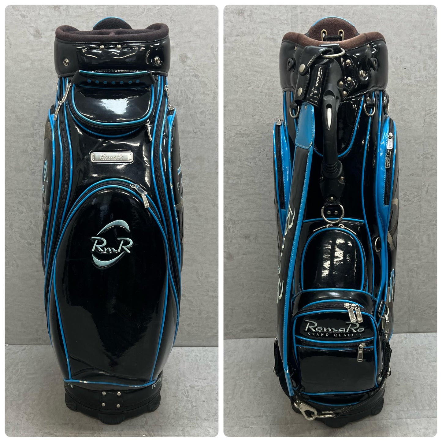 ロマロ　ゴルフ　カート式キャディバッグ　約10型　エナメル　ブラック　黒　ブルー　青　RomaRo