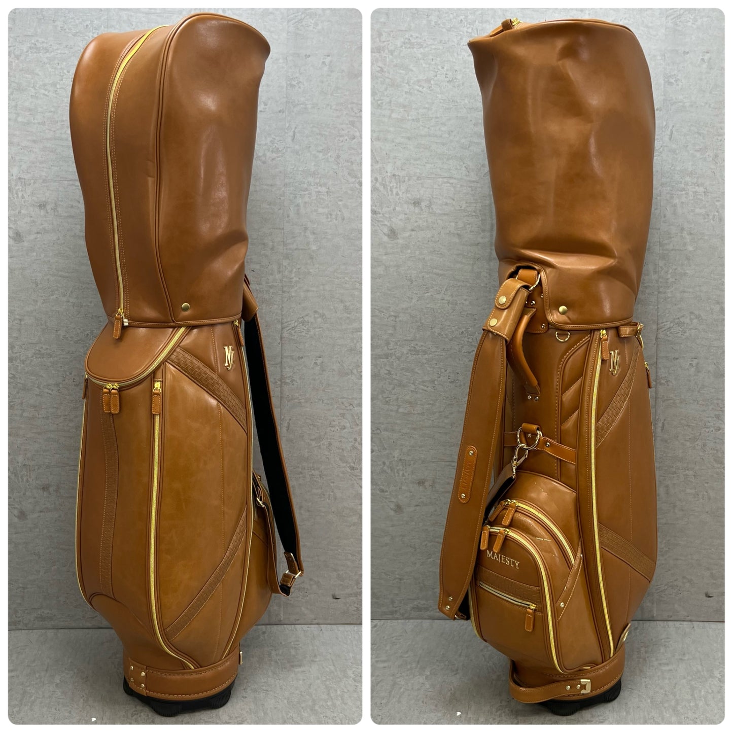 マジェスティ　ゴルフ　キャディバッグ　カート式　約9.5型　キャメル　合成皮革　MAJESTY