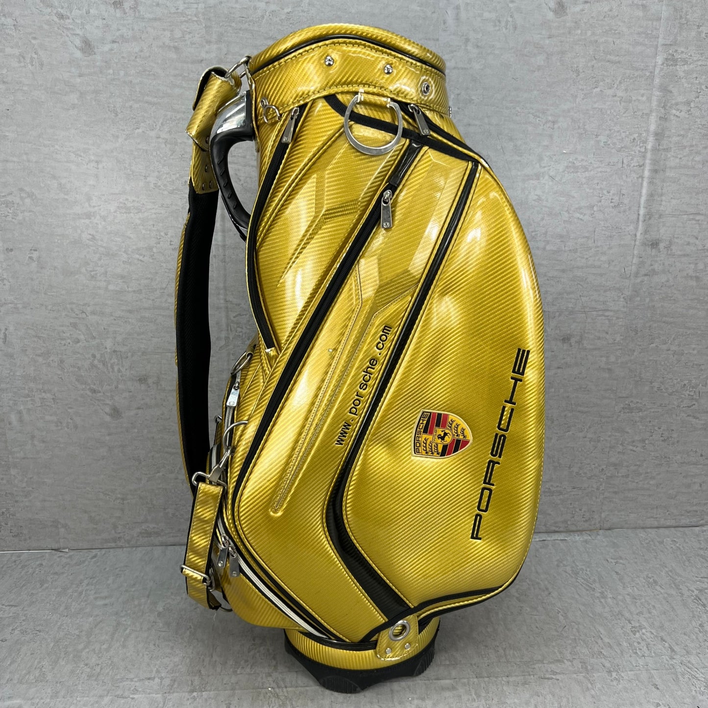 ポルシェ　ゴルフ　カート式キャディバッグ　約9.5型　エナメル製　ゴールド　金色　PORSCHE