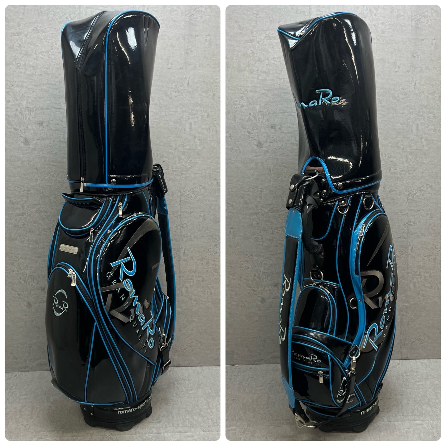 ロマロ　ゴルフ　カート式キャディバッグ　約10型　エナメル　ブラック　黒　ブルー　青　RomaRo