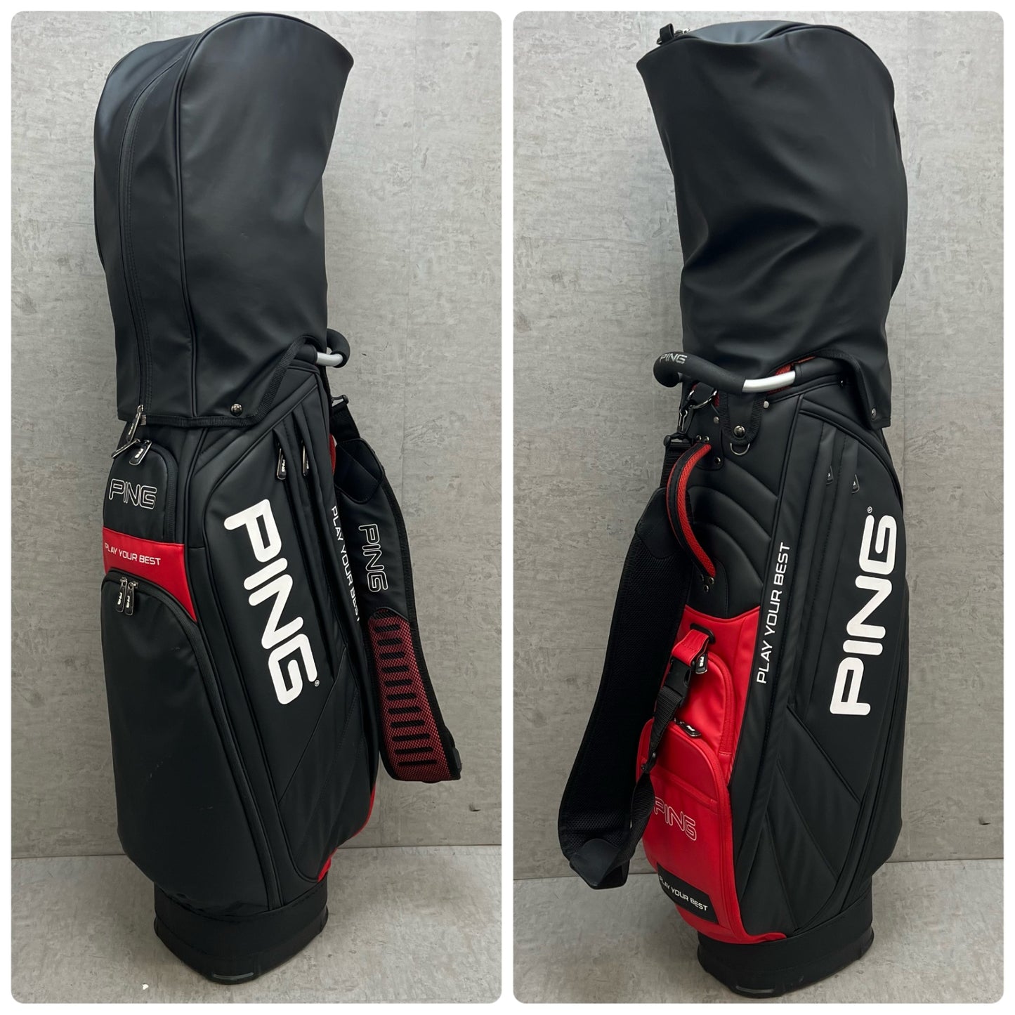 PING　ゴルフ　キャディバッグ　カート式　約9型　合成皮革　ブラック　黒　レッド　赤　ピン