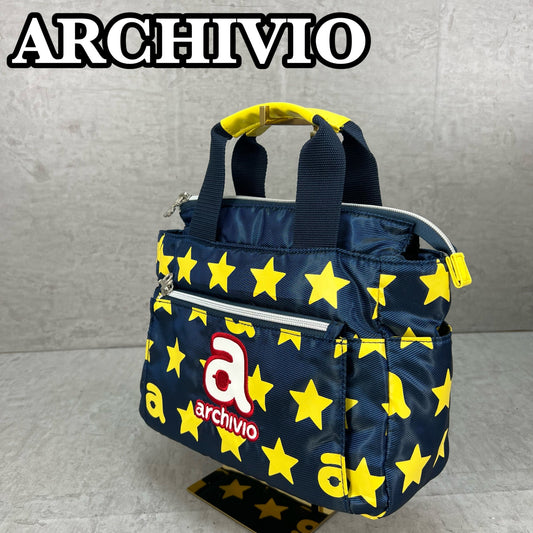ARCHIVIO　アルチビオ　ゴルフラウンドバッグ　カートバッグ　aロゴワッペン　イエロースター総柄　ネイビーカラーベース　小物入れ