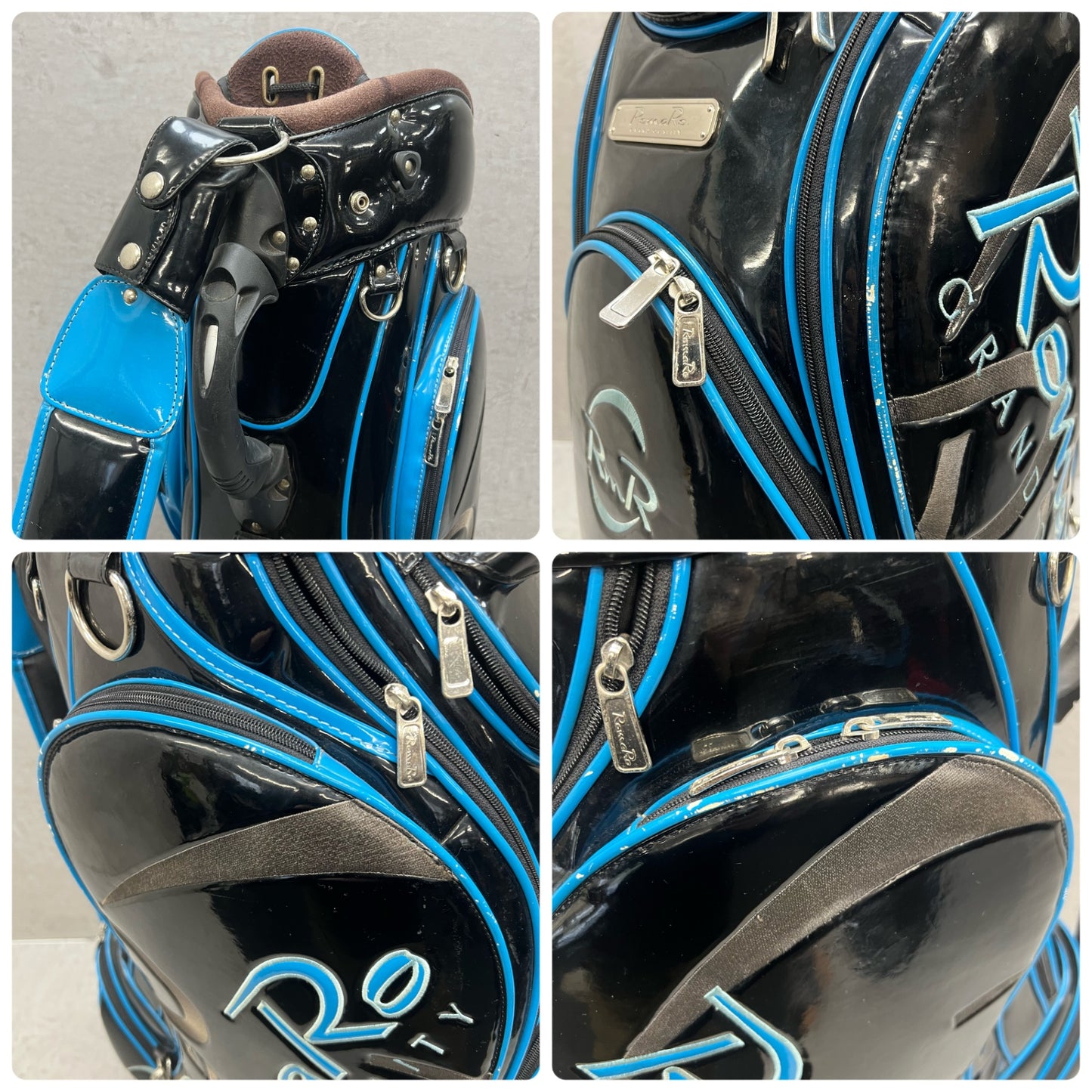 ロマロ　ゴルフ　カート式キャディバッグ　約10型　エナメル　ブラック　黒　ブルー　青　RomaRo