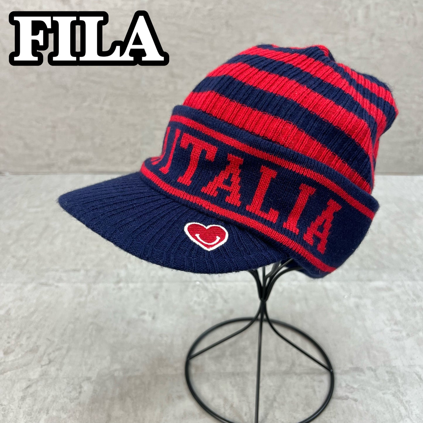 フィラ　レディースゴルフアパレル　ニットキャップ　帽子　S　ネイビー　レッド　FILA 秋冬　防寒