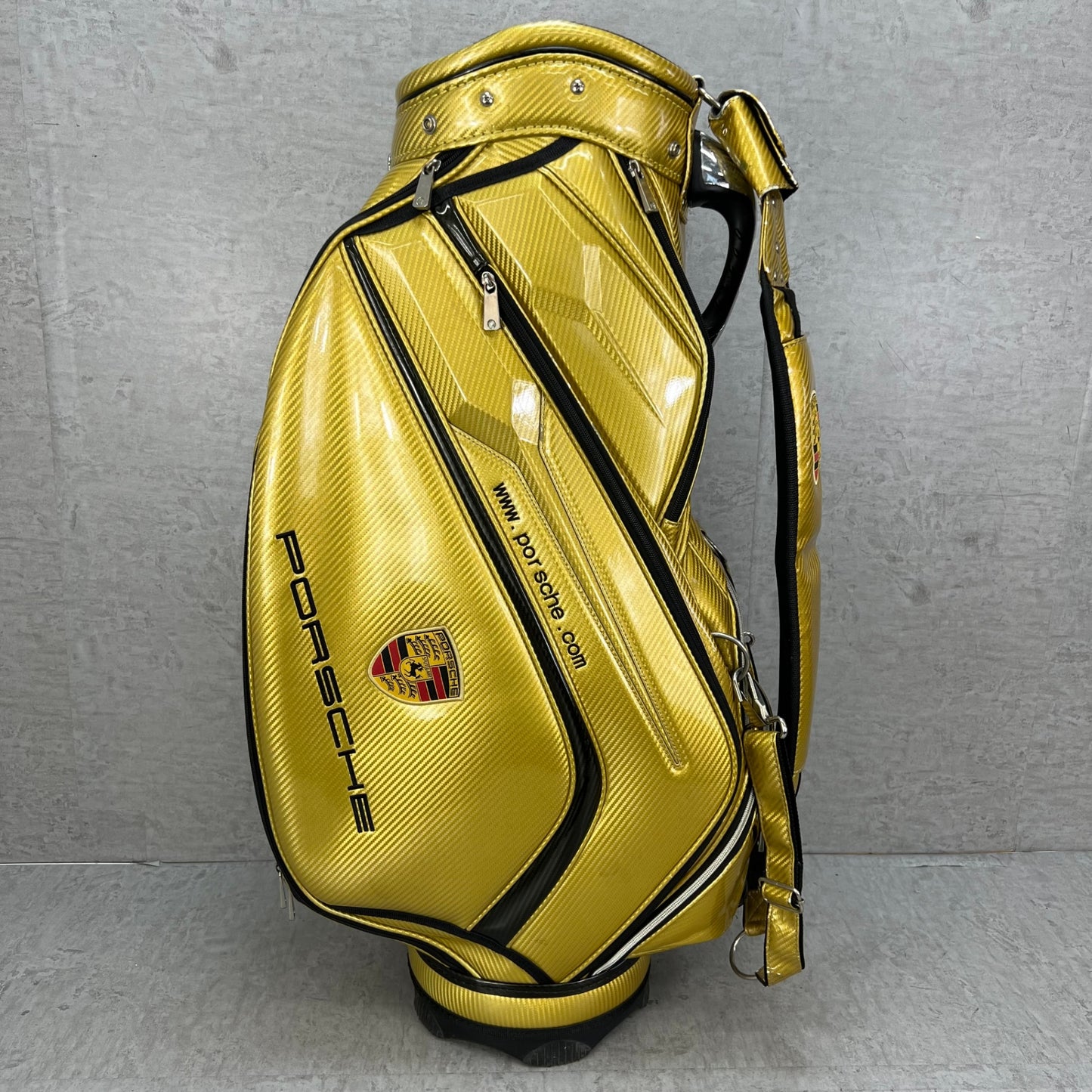 ポルシェ　ゴルフ　カート式キャディバッグ　約9.5型　エナメル製　ゴールド　金色　PORSCHE
