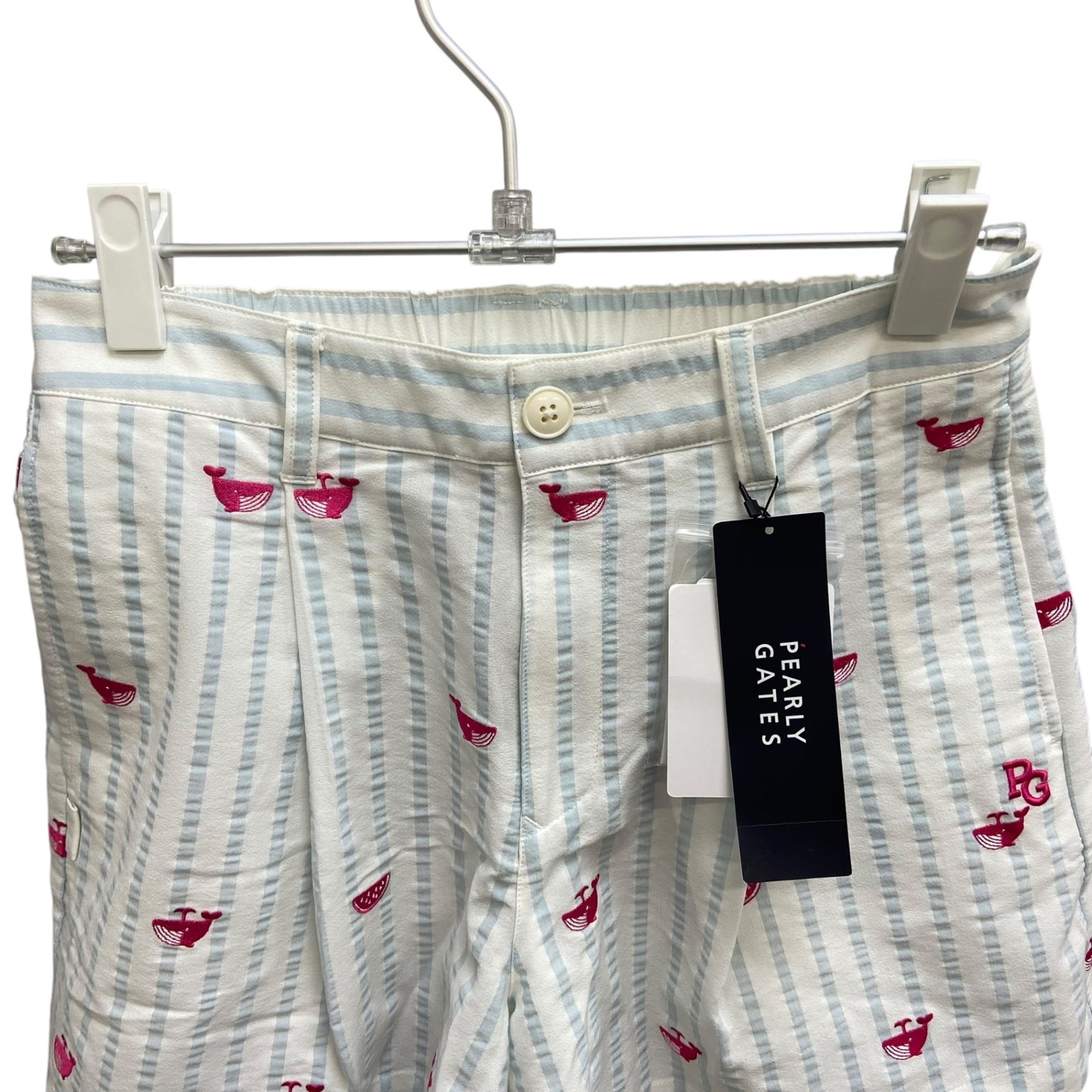 タグ付き未使用品　パーリーゲイツ　レディースゴルフアパレル　ショートパンツ　サイズ0　ストライプ　くじらロゴ　ズボン　女性用　ウェア　PEARLY GATES