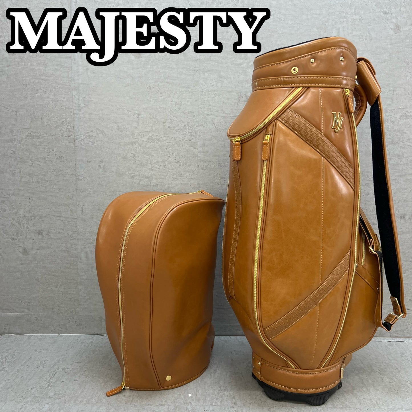 マジェスティ　ゴルフ　キャディバッグ　カート式　約9.5型　キャメル　合成皮革　MAJESTY