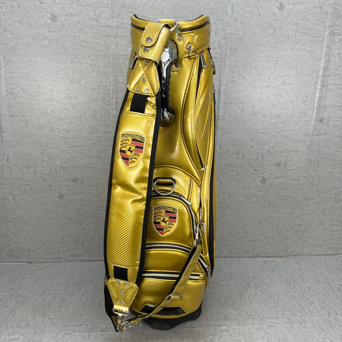 ポルシェ　ゴルフ　カート式キャディバッグ　約9.5型　エナメル製　ゴールド　金色　PORSCHE