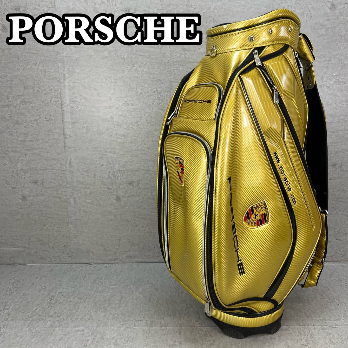 ポルシェ　ゴルフ　カート式キャディバッグ　約9.5型　エナメル製　ゴールド　金色　PORSCHE